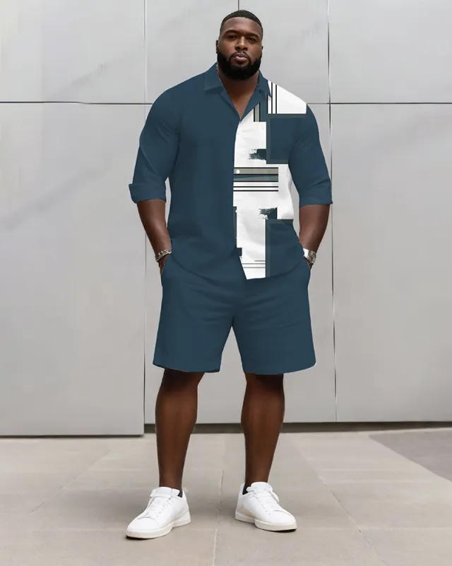 Big & Tall Men's Business Blue Geometric Print Long Sleeve Shirt Shorts Set sold by Biggmans