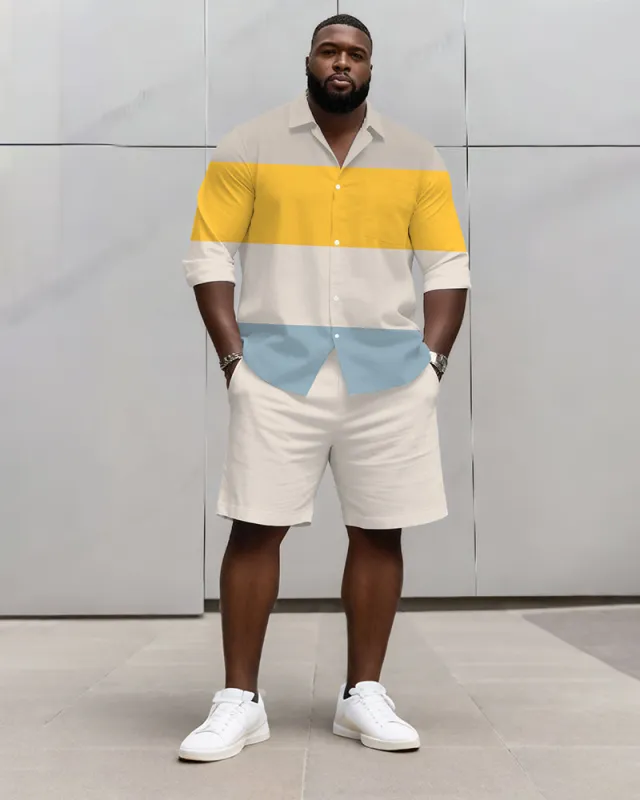 Big & Tall Men's Business Blue Yellow Beige Color Matching Printed Long Sleeve Shirt Shorts Set sold by Biggmans