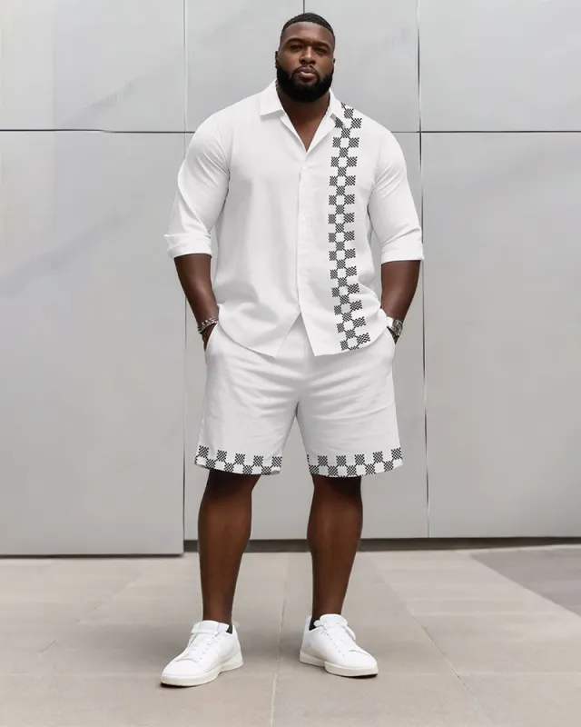 Big & Tall Men's Business Plaid Striped Print Long Sleeve Shirt Shorts Set sold by Biggmans