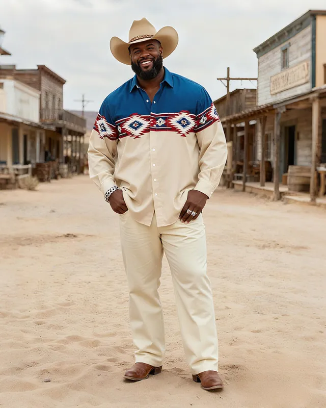 Big & Tall Men's Vintage Navajo Pattern Patchwork Printed Long Sleeve Shirt Pants Set sold by Biggmans