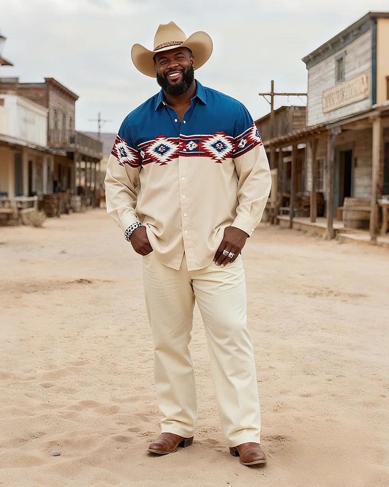 Big & Tall Men's Vintage Navajo Pattern Patchwork Printed Long Sleeve Shirt Pants Set sold by Biggmans