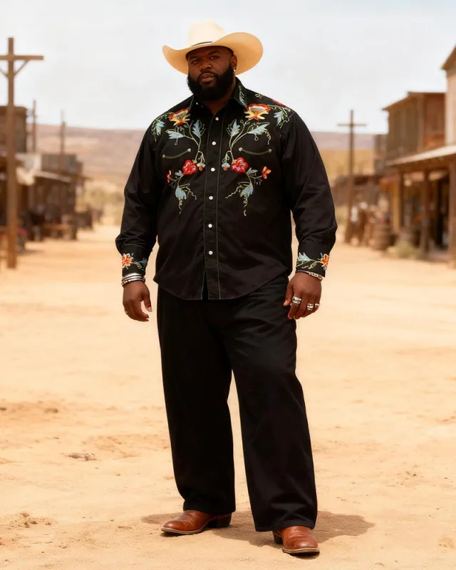 Big & Tall Men's Western Black Floral Print Long Sleeve Shirt Pants Set sold by Biggmans