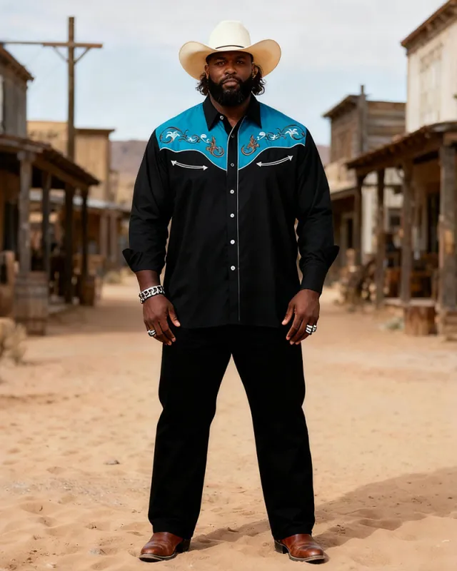 Big & Tall Men's Western Black And Blue Stitching Totem Print Long Sleeve Shirt Pants Set sold by Biggmans