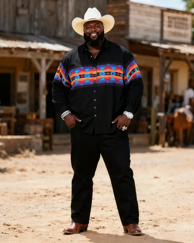 Big & Tall Men's Western Color Navajo Pattern Patchwork Printed Long Sleeve Shirt Pants Set sold by Biggmans