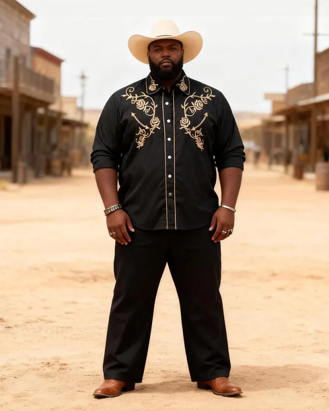 Big & Tall Men's Western Black And Gold Rose Print Long Sleeve Shirt Pants Set sold by Biggmans