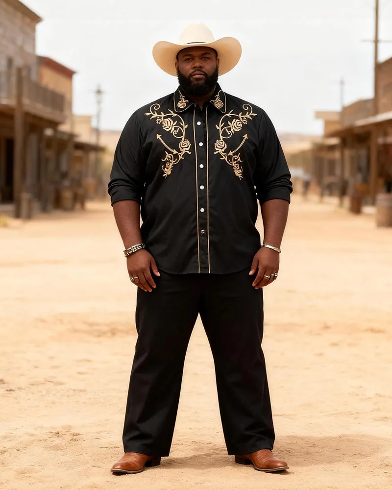 Big & Tall Men's Western Black And Gold Rose Print Long Sleeve Shirt Pants Set sold by Biggmans