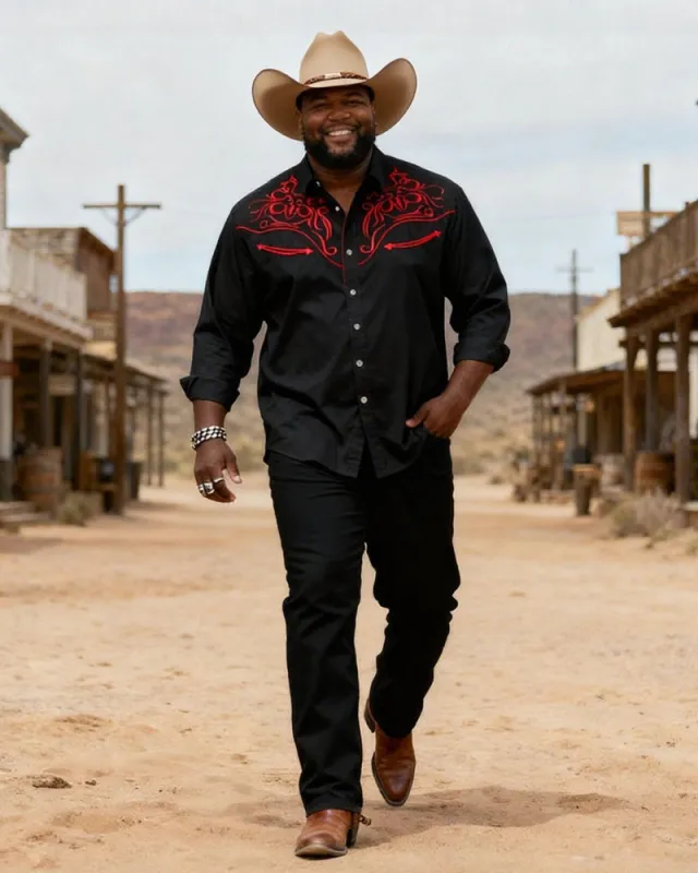 Big & Tall Men's Western Black And Red Totem Print Long Sleeve Shirt Pants Set sold by Biggmans