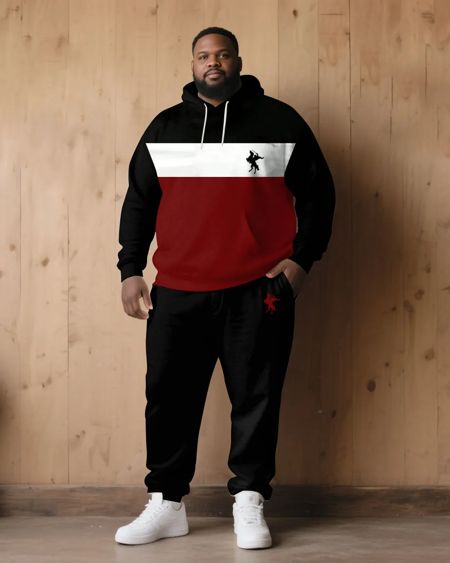 Large Size Men's Autumn And Winter Warm Cold-proof Gentleman Red & Black & White Chest Pony Kangaroo Large Pocket Hoodie Sweatpants Set sold by Biggmans