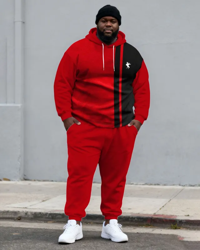 Large Size Men's Autumn And Winter Warm Cold-proof Gentleman Red & Black Chest Pony Kangaroo Large Pocket Hoodie Sweatpants Set sold by Biggmans