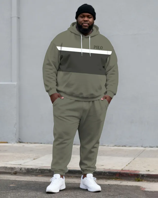Large Size Men's Autumn And Winter Warm Cold-proof Gentleman Fog Green Color-block Small Label Printed Kangaroo Large Pocket Hoodie Sweatpants Set sold by Biggmans