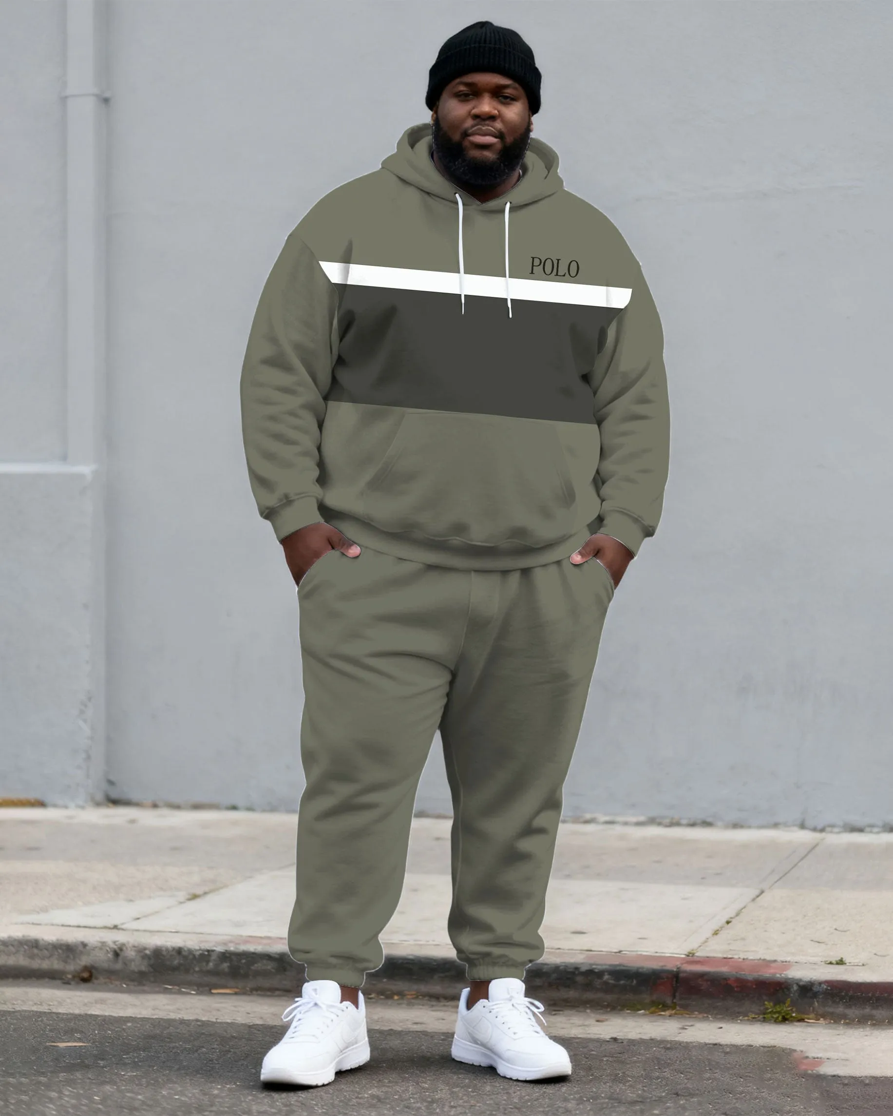Large Size Men's Autumn And Winter Warm Cold-proof Gentleman Fog Green Color-block Small Label Printed Kangaroo Large Pocket Hoodie Sweatpants Set sold by Biggmans