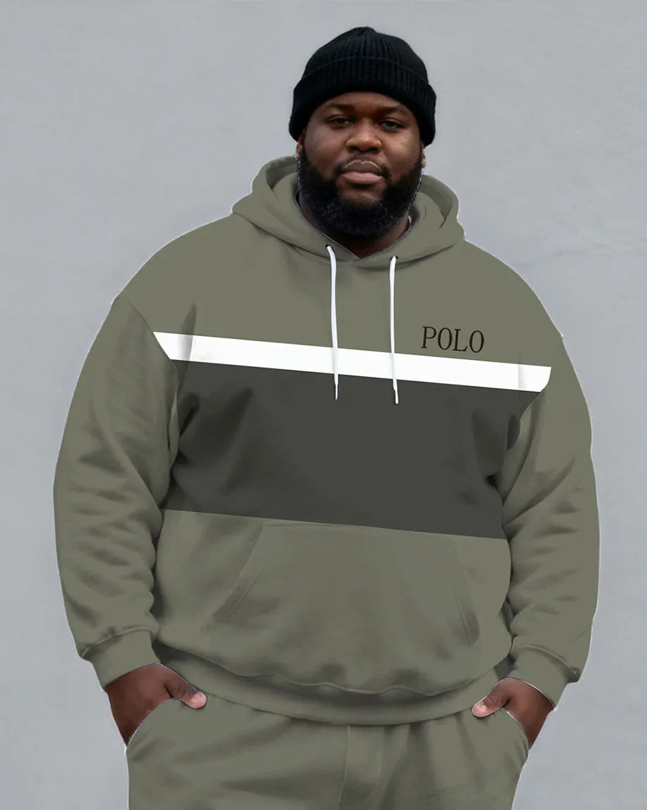 Large Size Men's Autumn And Winter Warm Cold-proof Gentleman Fog Green Color-block Small Label Printed Kangaroo Large Pocket Hoodie Sweatpants Set sold by Biggmans product image thumbnail 2