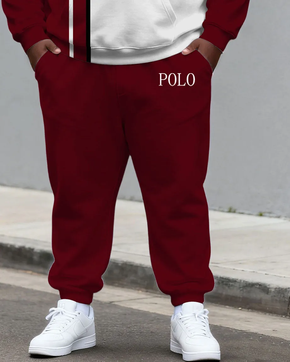 Large Size Men's Autumn And Winter Warm Cold-proof Dark Red & White Contrast Color Small Label Printed Kangaroo Large Pocket Hoodie Sweatpants Set sold by Biggmans product image thumbnail 3