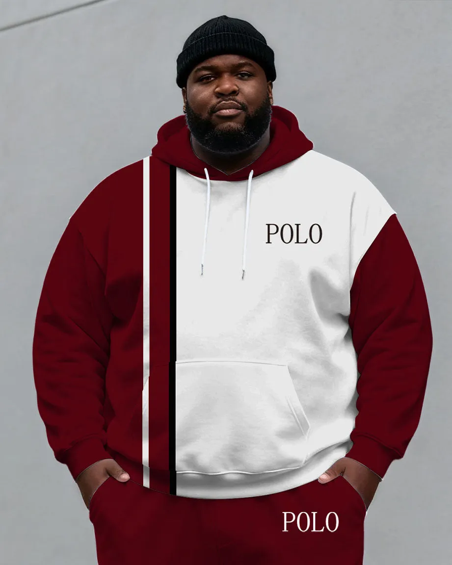 Large Size Men's Autumn And Winter Warm Cold-proof Dark Red & White Contrast Color Small Label Printed Kangaroo Large Pocket Hoodie Sweatpants Set sold by Biggmans product image thumbnail 2