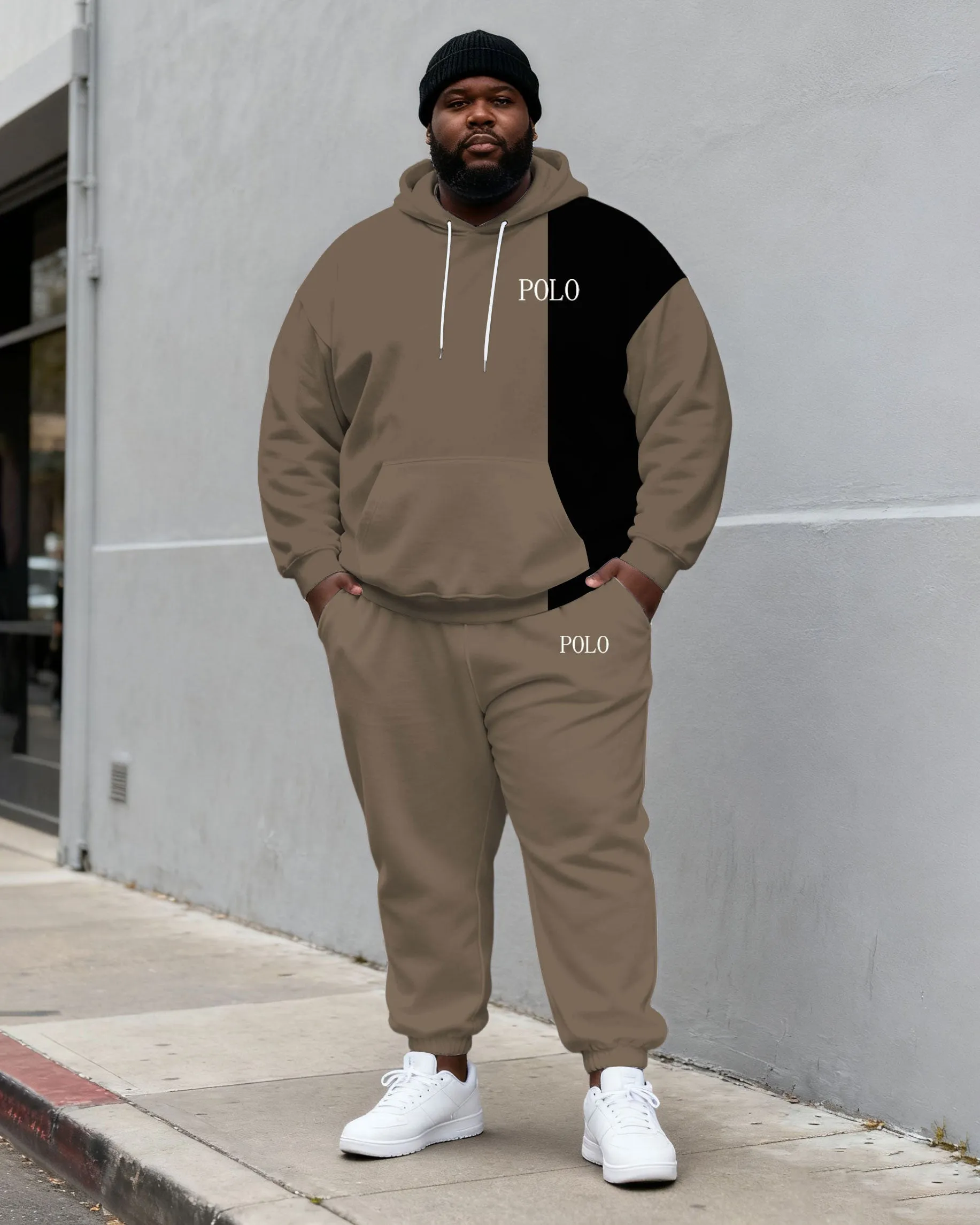Large Size Men's Autumn And Winter Warm Cold-proof Grey Curry & Black Contrast Small Label Printed Hoodie Sweatpants Set sold by Biggmans