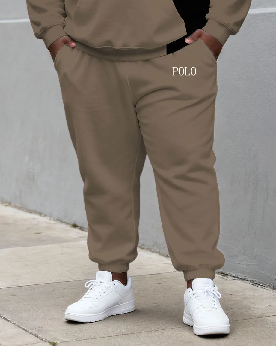 Large Size Men's Autumn And Winter Warm Cold-proof Grey Curry & Black Contrast Small Label Printed Hoodie Sweatpants Set sold by Biggmans product image thumbnail 3