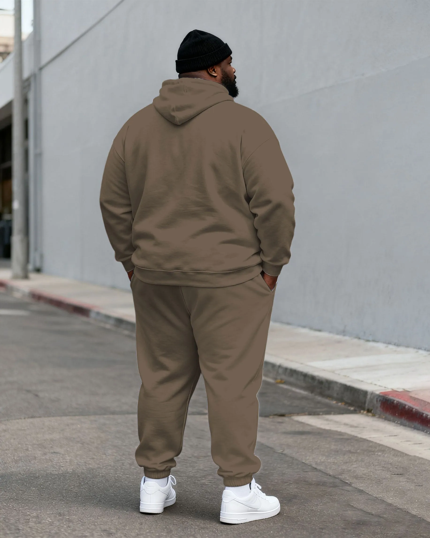 Large Size Men's Autumn And Winter Warm Cold-proof Grey Curry & Black Contrast Small Label Printed Hoodie Sweatpants Set sold by Biggmans product image thumbnail 4