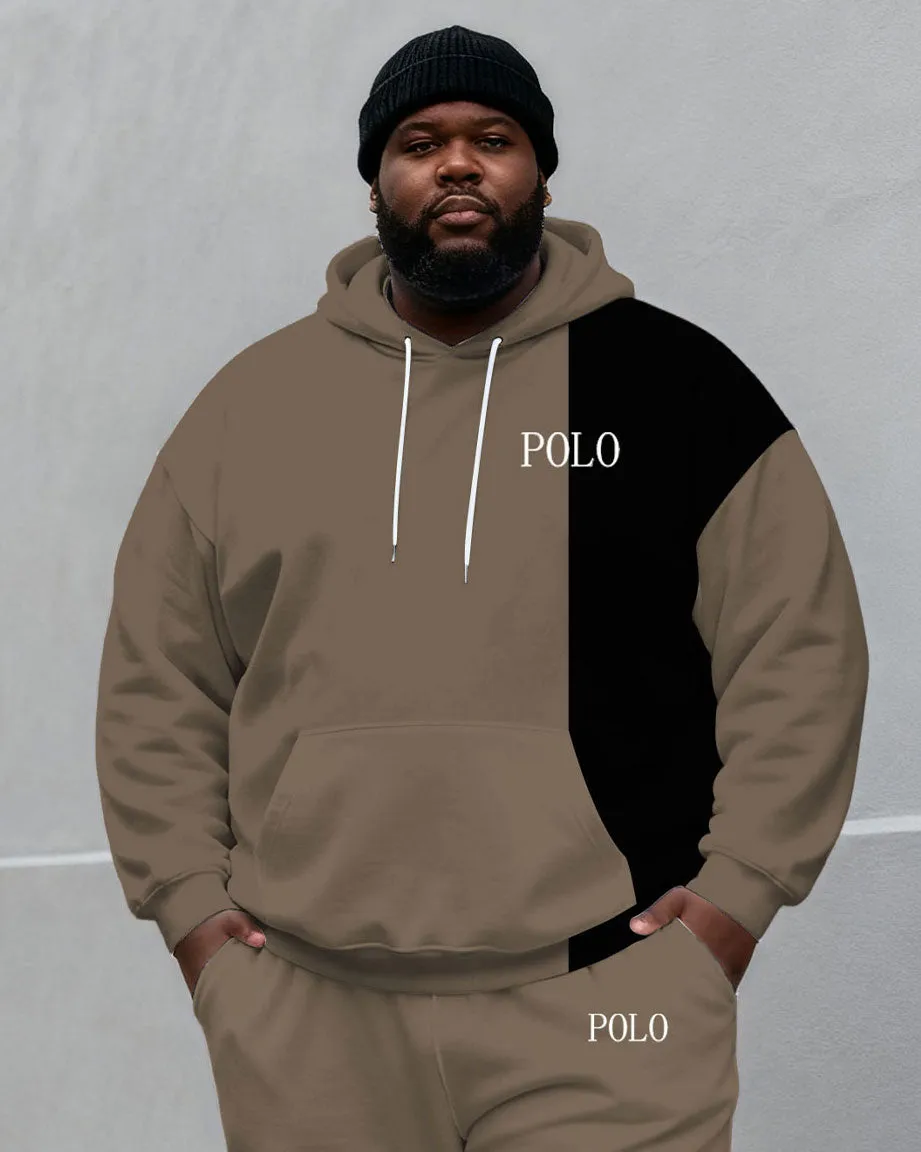 Large Size Men's Autumn And Winter Warm Cold-proof Grey Curry & Black Contrast Small Label Printed Hoodie Sweatpants Set sold by Biggmans product image thumbnail 2