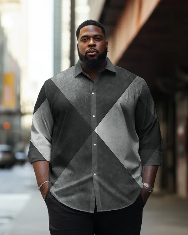 Big & Tall Men's Colorblock Grey Geometric Print Long Sleeve Shirt sold by Biggmans
