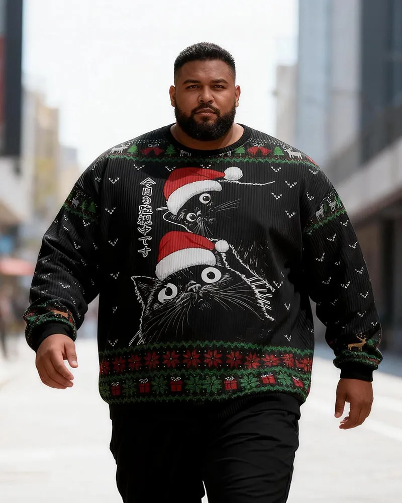 Big & Tall Men's Christmas Black Cat Graffiti Print Crewneck Ugly Sweater sold by Biggmans