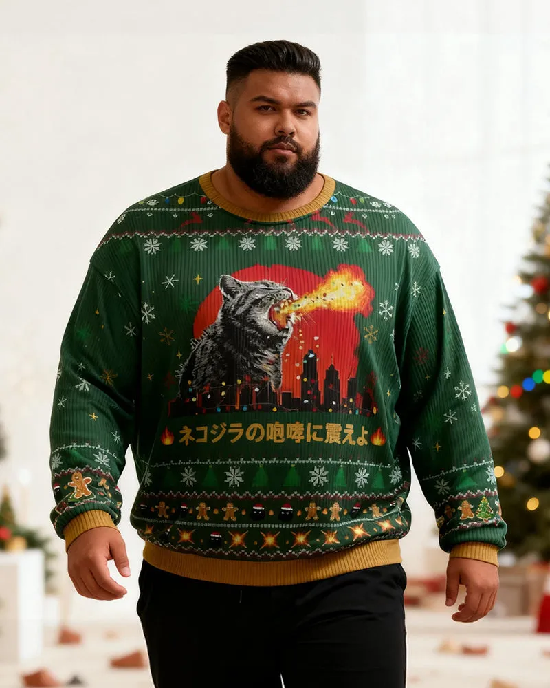 Big & Tall Men's Christmas Cat Roar Graffiti Print Crewneck Ugly Sweater sold by Biggmans