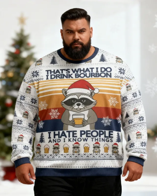 Big & Tall Men's Christmas Raccoon Whiskey Print Crewneck Ugly Sweater sold by Biggmans