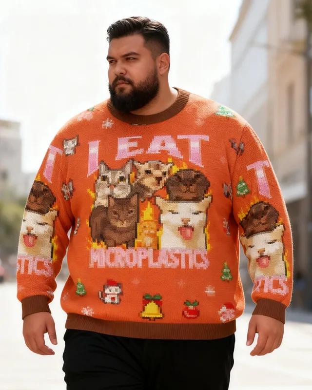 Big & Tall Men's Christmas Orange Cat Print Crewneck Ugly Sweater sold by Biggmans