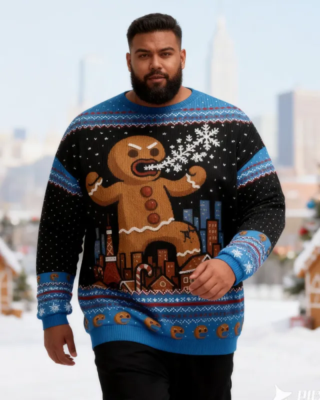Big & Tall Men's Christmas Blue Gingerbread Man Print Crewneck Ugly Sweater sold by Biggmans
