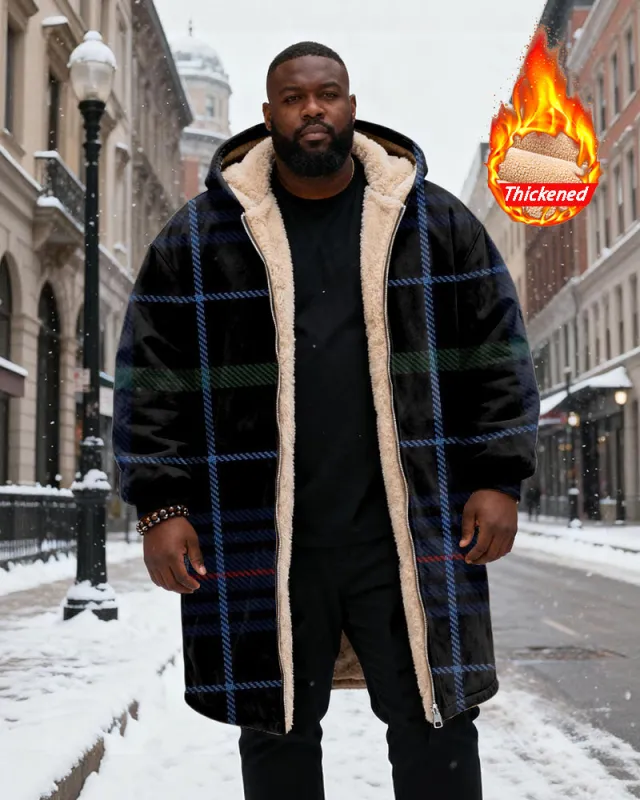 Big & Tall Men's Classic Geometric Plaid Printed Velvet Thickened Long Hooded Coat sold by Biggmans