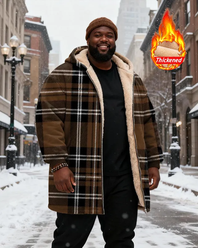 Big & Tall Men's Classic Geometric Brown Plaid Print Velvet Thickened Long Hooded Coat sold by Biggmans