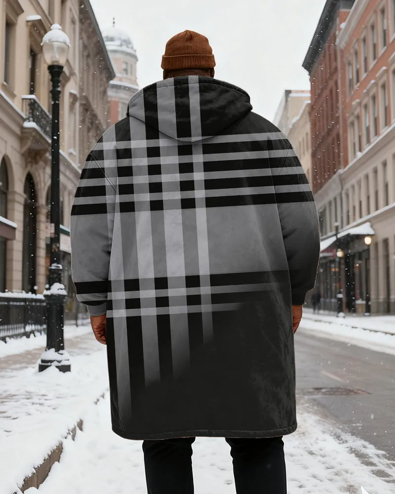 Big & Tall Men's Classic Geometric Black Plaid Printed Velvet Thickened Long Hooded Coat sold by Biggmans product image thumbnail 3