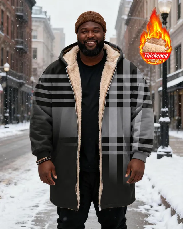 Big & Tall Men's Classic Geometric Black Plaid Printed Velvet Thickened Long Hooded Coat sold by Biggmans