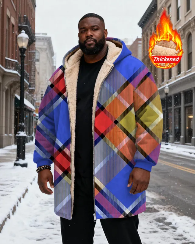 Big & Tall Men's Classic Geometric Blue Plaid Printed Velvet Thickened Long Hooded Coat sold by Biggmans