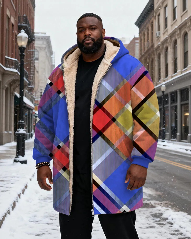 Big & Tall Men's Classic Geometric Blue Plaid Printed Velvet Thickened Long Hooded Coat sold by Biggmans product image thumbnail 2