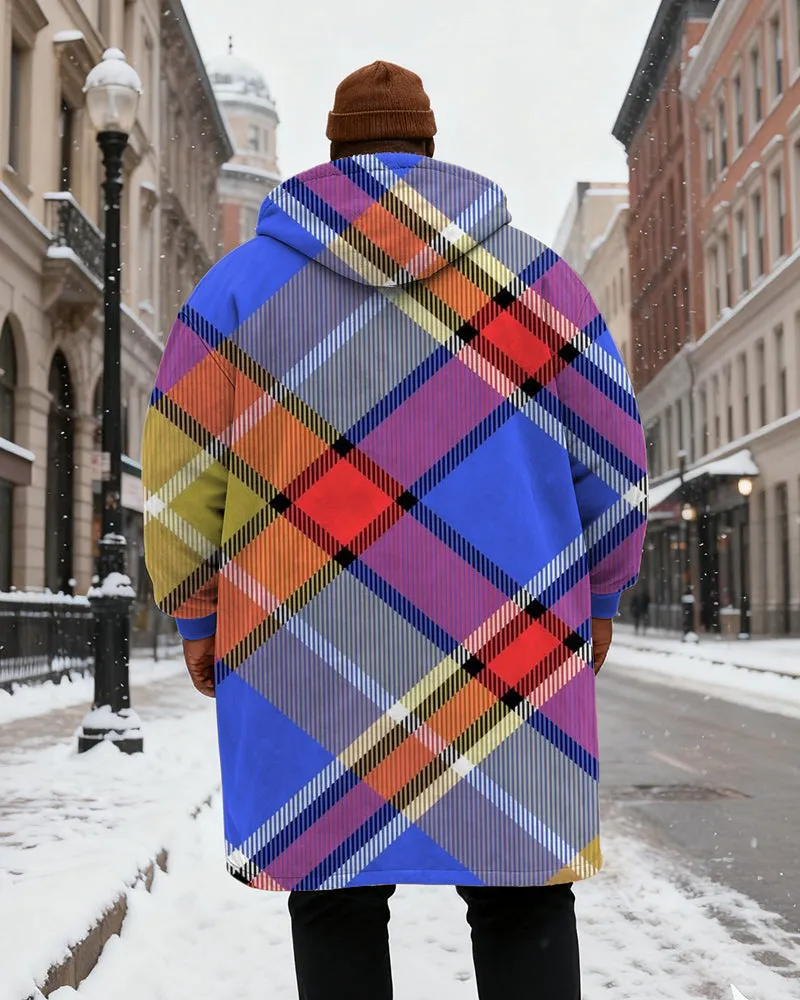 Big & Tall Men's Classic Geometric Blue Plaid Printed Velvet Thickened Long Hooded Coat sold by Biggmans product image thumbnail 3