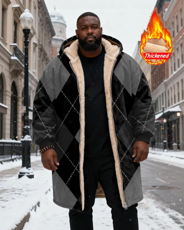 Big & Tall Men's Classic Black Diamond Plaid Printed Velvet Thickened Long Hooded Coat sold by Biggmans