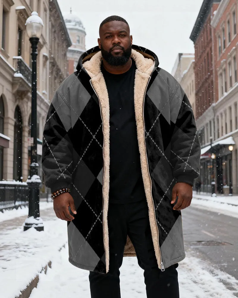 Big & Tall Men's Classic Black Diamond Plaid Printed Velvet Thickened Long Hooded Coat sold by Biggmans product image thumbnail 2