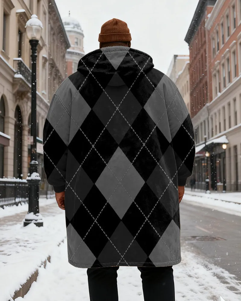 Big & Tall Men's Classic Black Diamond Plaid Printed Velvet Thickened Long Hooded Coat sold by Biggmans product image thumbnail 3