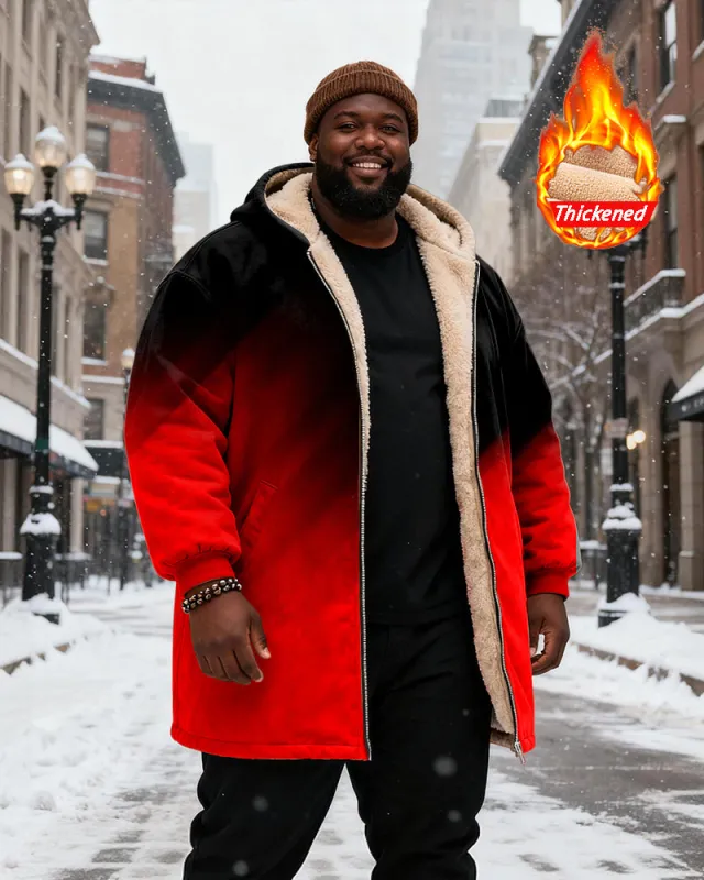 Big & Tall Men's Black And Red Gradient Printed Velvet Padded Long Hooded Coat sold by Biggmans