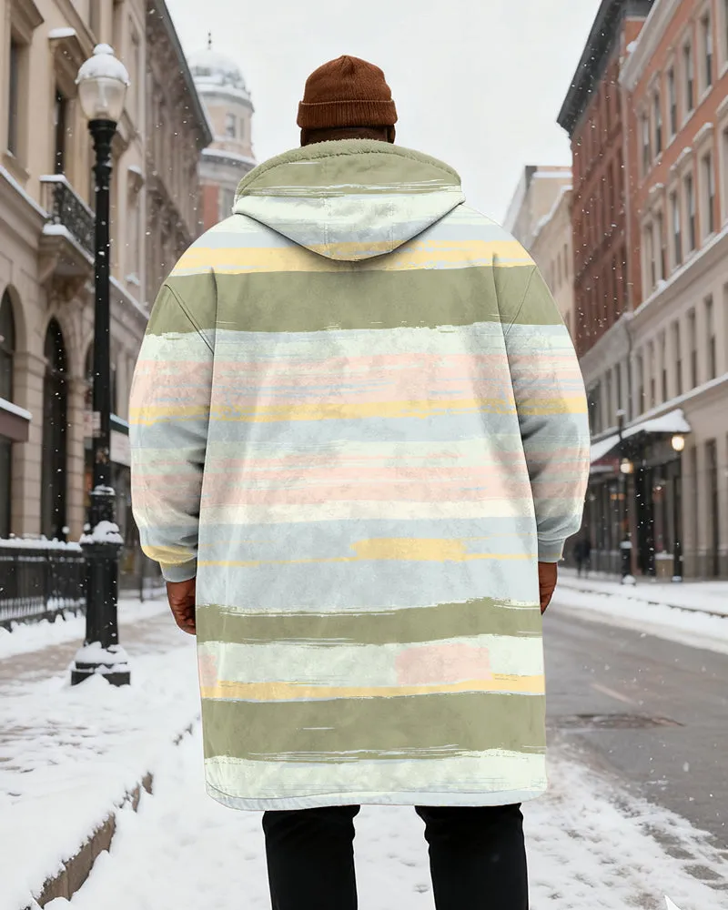 Big & Tall Men's Green Stripe Printed Velvet Thickened Long Hooded Coat sold by Biggmans product image thumbnail 3