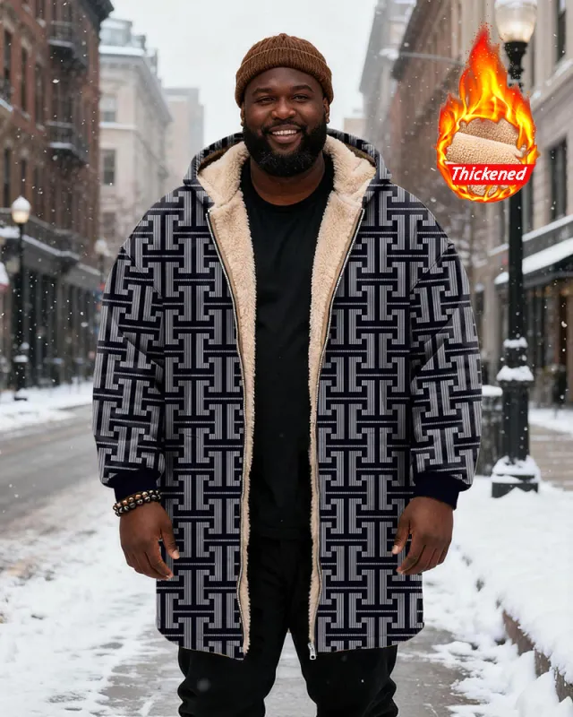Big & Tall Men's Vintage Geometric Blue Printed Velvet Thickened Long Hooded Coat sold by Biggmans