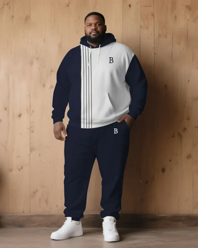 Large Size Men's Autumn And Winter Warm Cold-proof Dark Blue & White Color-block Sleeves Chest Small Label Printed Hoodie Sweatpants Set sold by Biggmans