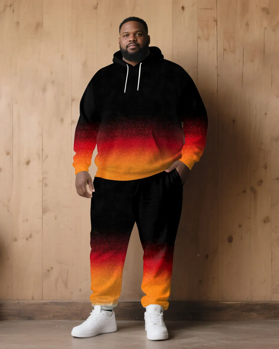 Large Size Men's Autumn And Winter Warm Cold-proof Red & Black Neon Gradient Contrast Hoodie Sweatpants Set sold by Biggmans product image thumbnail 3