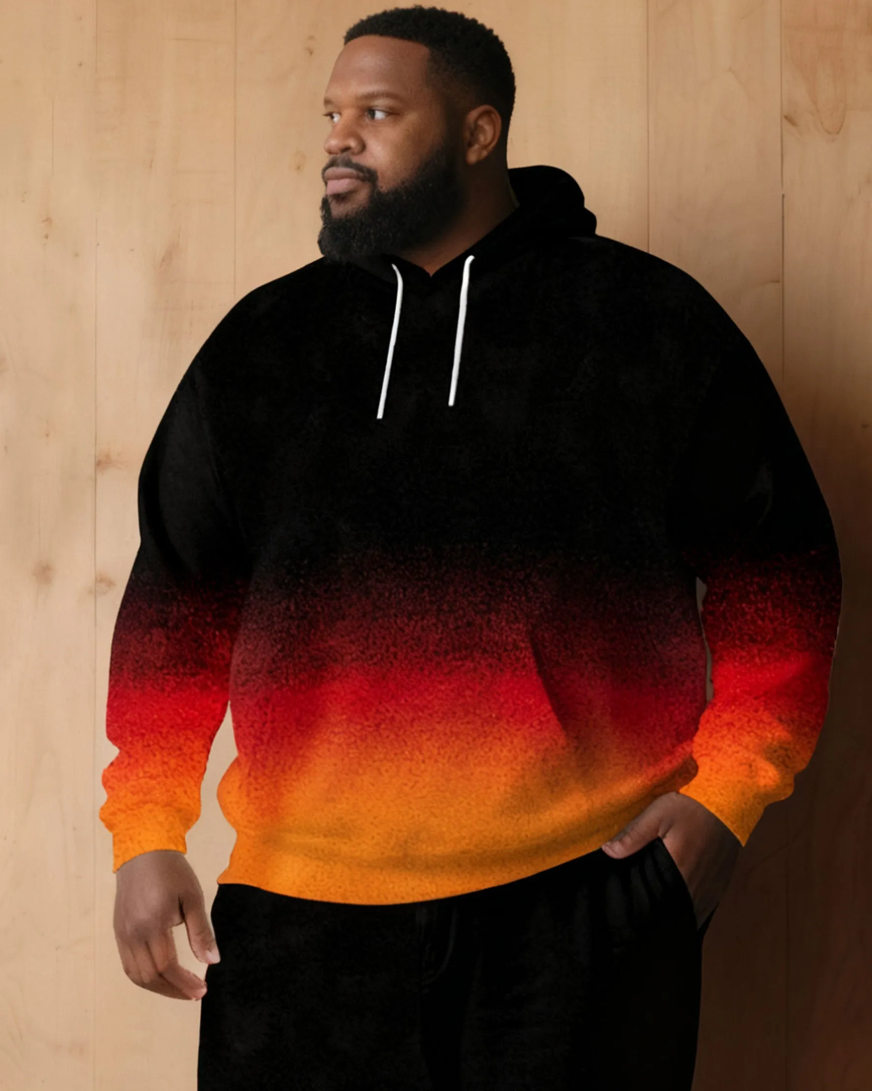 Large Size Men's Autumn And Winter Warm Cold-proof Red & Black Neon Gradient Contrast Hoodie Sweatpants Set sold by Biggmans product image thumbnail 5