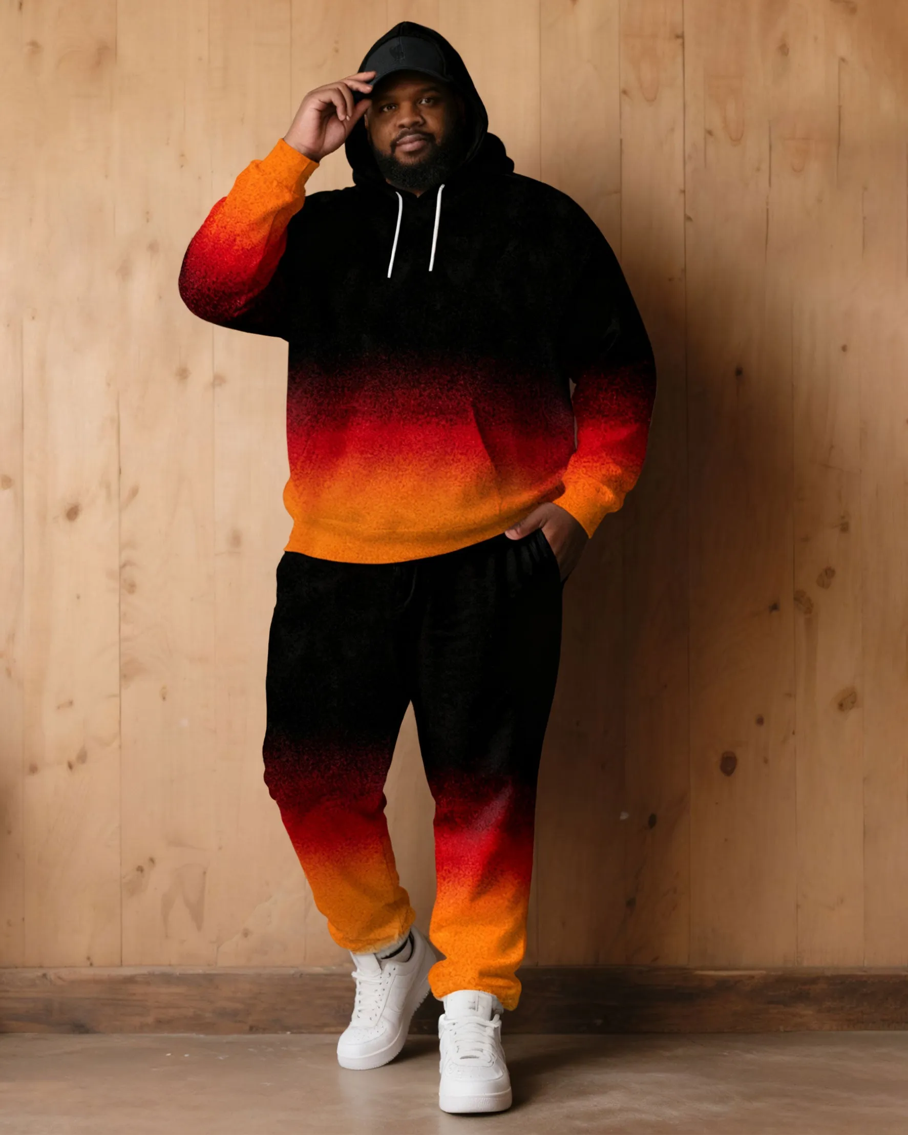 Large Size Men's Autumn And Winter Warm Cold-proof Red & Black Neon Gradient Contrast Hoodie Sweatpants Set sold by Biggmans product image thumbnail 2