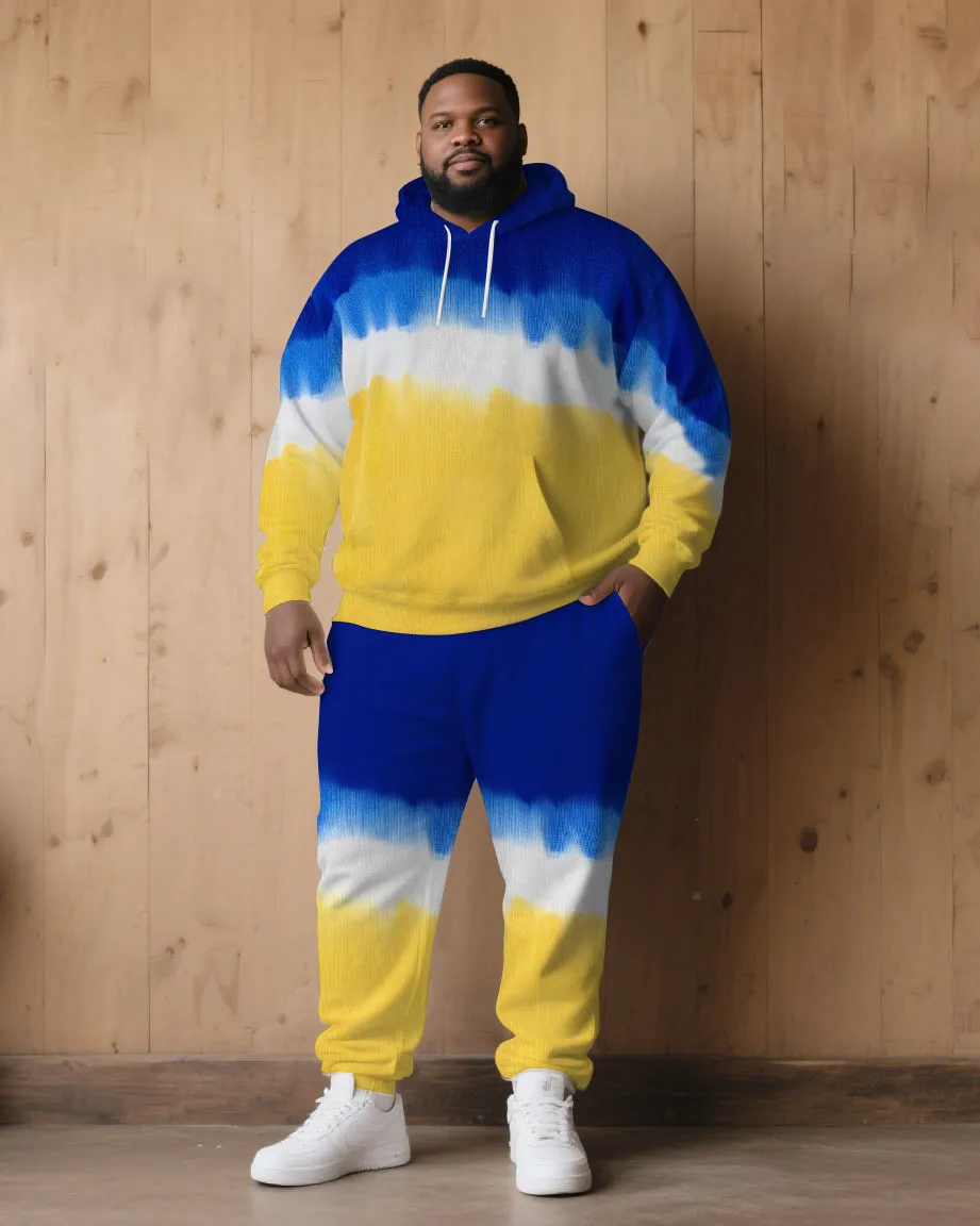 Large Size Men's Autumn And Winter Warm Cold-proof Blue & Yellow Neon Gradient Contrast Hoodie Sweatpants Set sold by Biggmans product image thumbnail 3
