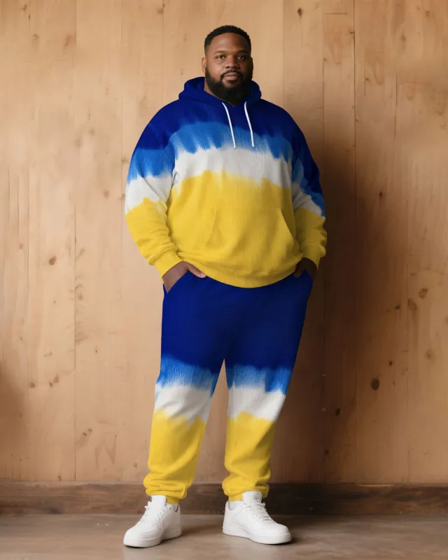 Large Size Men's Autumn And Winter Warm Cold-proof Blue & Yellow Neon Gradient Contrast Hoodie Sweatpants Set sold by Biggmans