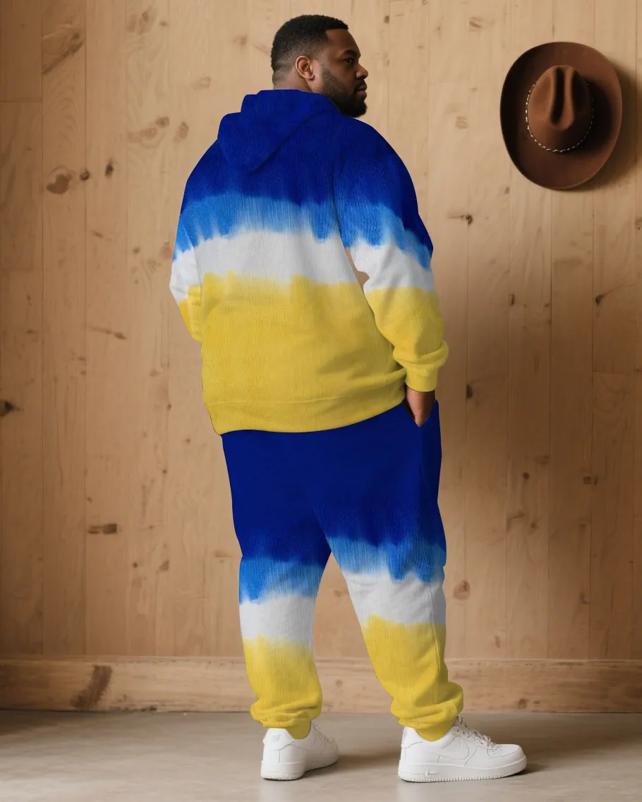 Large Size Men's Autumn And Winter Warm Cold-proof Blue & Yellow Neon Gradient Contrast Hoodie Sweatpants Set sold by Biggmans product image thumbnail 4