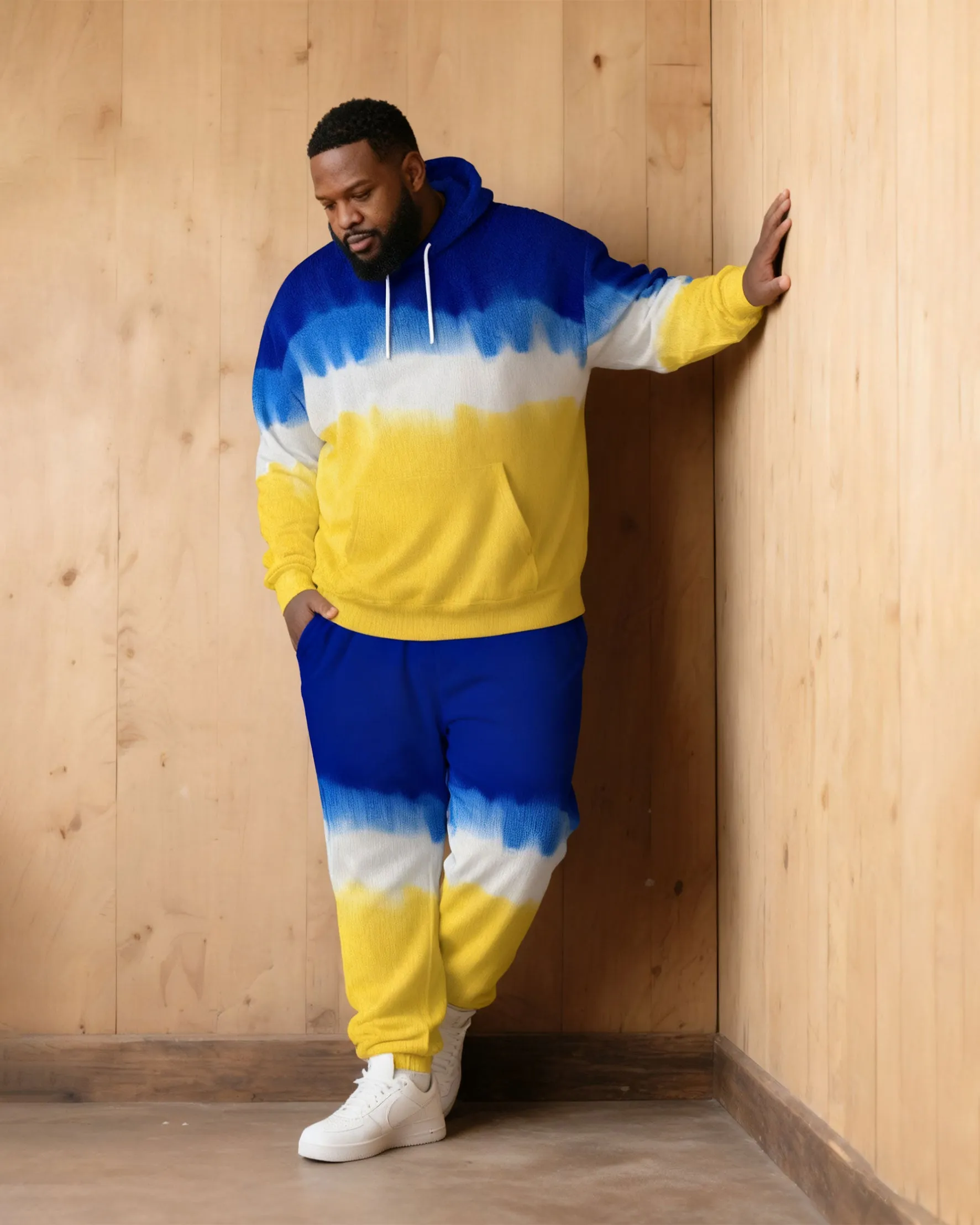 Large Size Men's Autumn And Winter Warm Cold-proof Blue & Yellow Neon Gradient Contrast Hoodie Sweatpants Set sold by Biggmans product image thumbnail 2