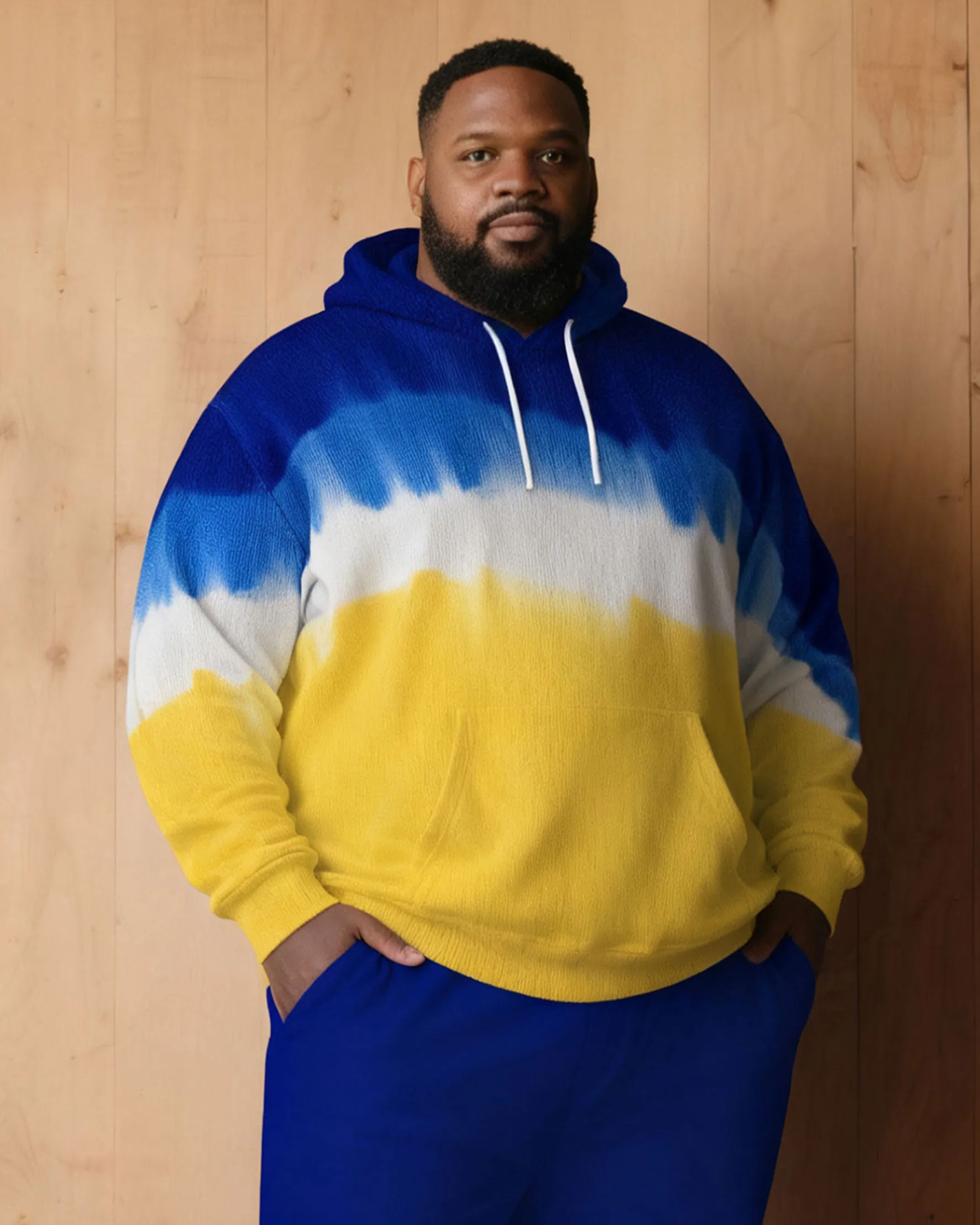 Large Size Men's Autumn And Winter Warm Cold-proof Blue & Yellow Neon Gradient Contrast Hoodie Sweatpants Set sold by Biggmans product image thumbnail 5